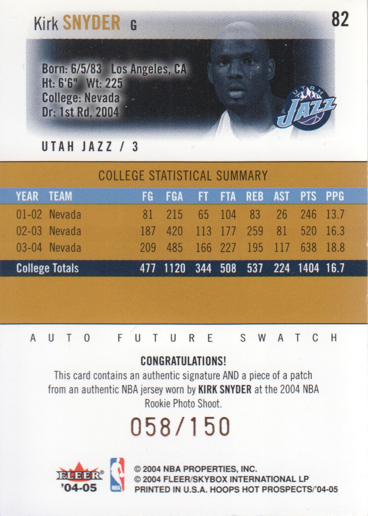 2004-05 Hoops Hot Prospects #82 Kirk Snyder JSY AU/150 RC back image