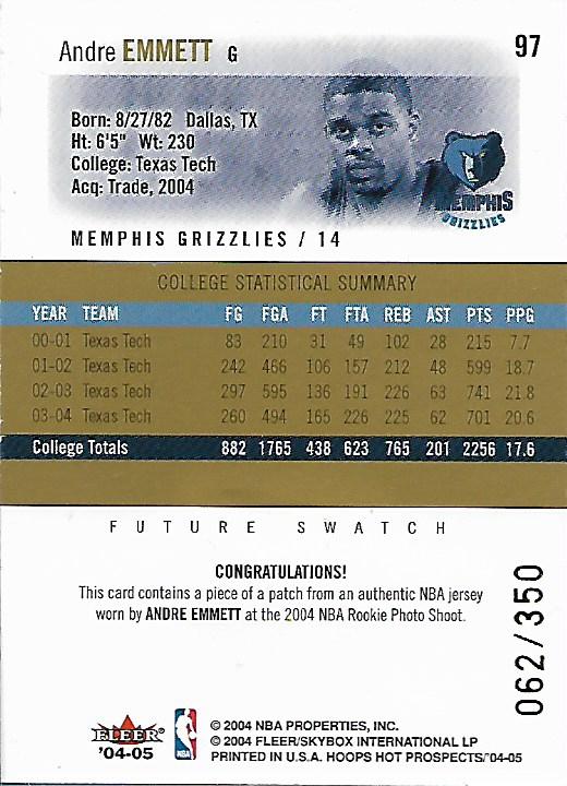 2004-05 Hoops Hot Prospects #97 Andre Emmett JSY RC back image