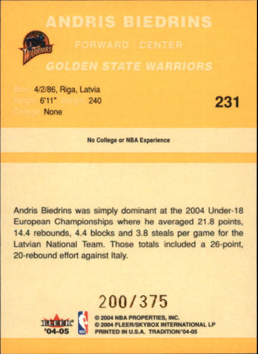 2004-05 Fleer Tradition Draft Day Rookies #231 Andris Biedrins back image
