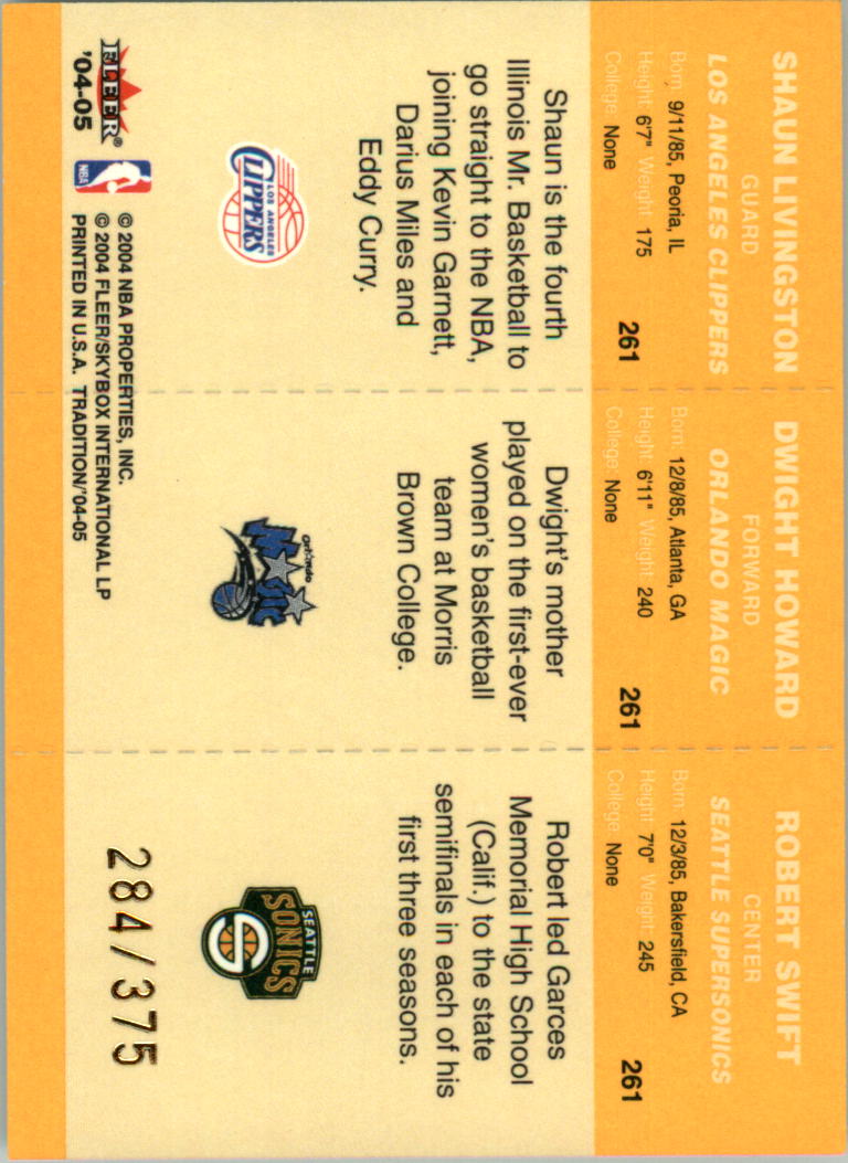2004-05 Fleer Tradition Draft Day Rookies #261 Shaun Livingston/Dwight Howard/Robert Swift back image