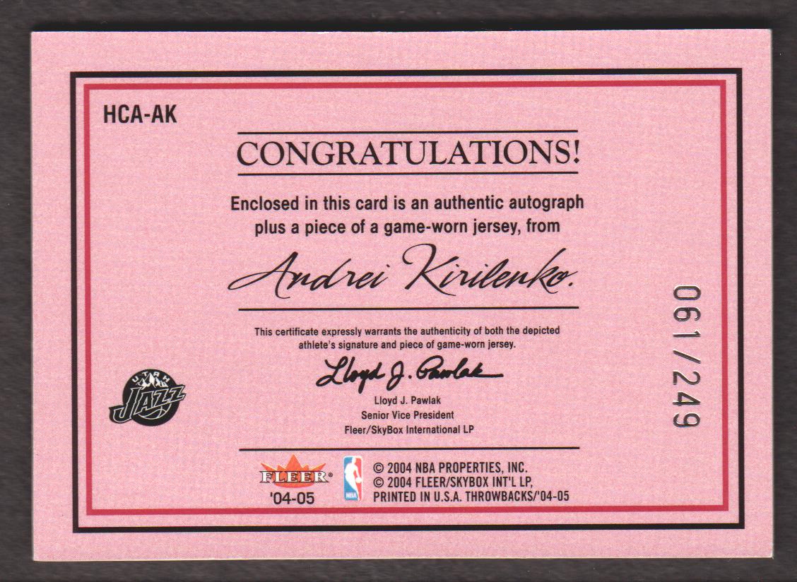 2004-05 Fleer Throwbacks Hardwood Classics Jerseys Autographs #AK Andrei Kirilenko/249 back image
