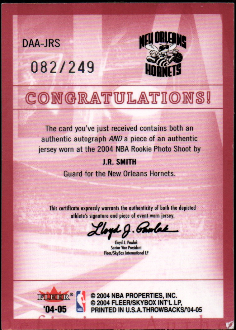 2004-05 Fleer Throwbacks Defining Authentic Jerseys Autographs #JS2 J.R. Smith/249 back image