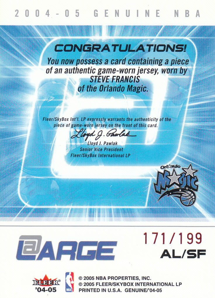 2004-05 Fleer Genuine At Large Game Used 199 #SF Steve Francis back image