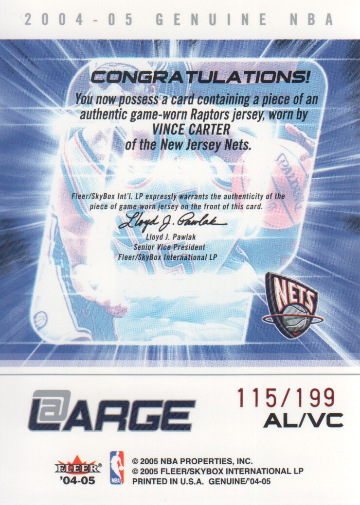 2004-05 Fleer Genuine At Large Game Used 199 #VC Vince Carter back image