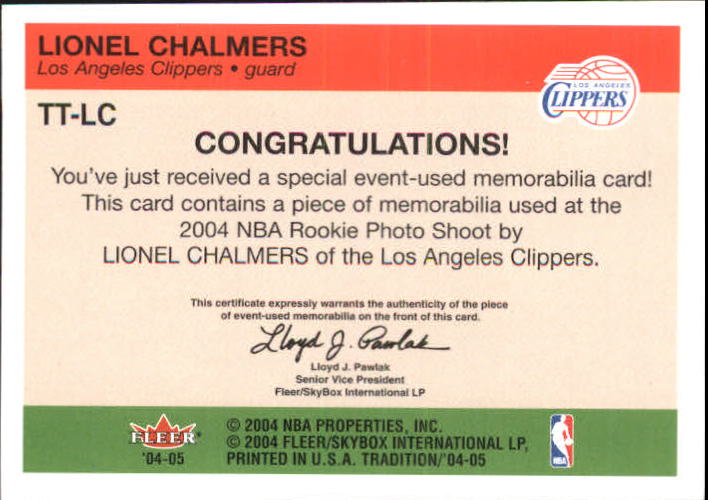 2004-05 Fleer Tradition Rookie Throwback Threads Jerseys #21 Lionel Chalmers back image