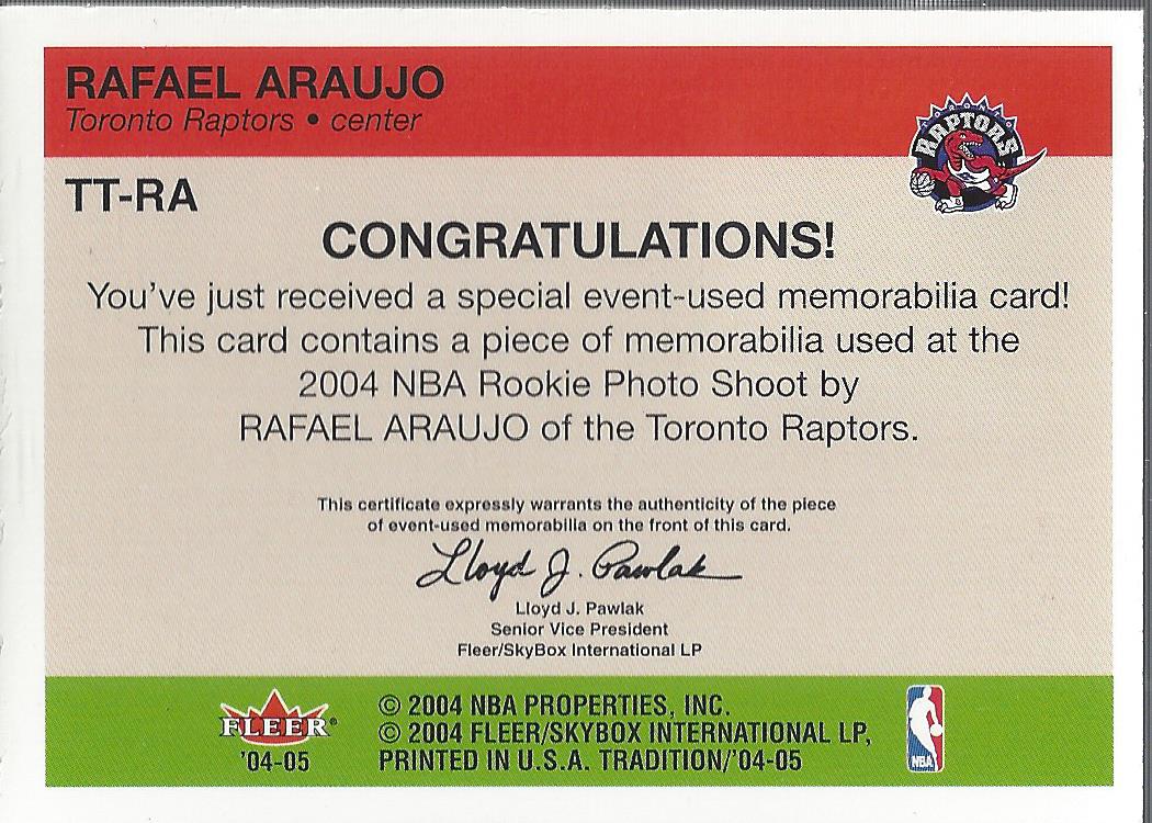 2004-05 Fleer Tradition Rookie Throwback Threads Ball #8 Rafael Araujo back image