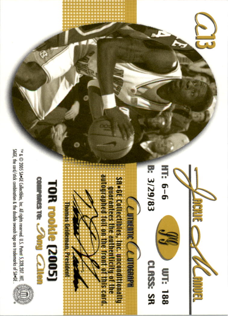 2005 SAGE Autographs Silver #A13 Jackie Manuel/200 back image