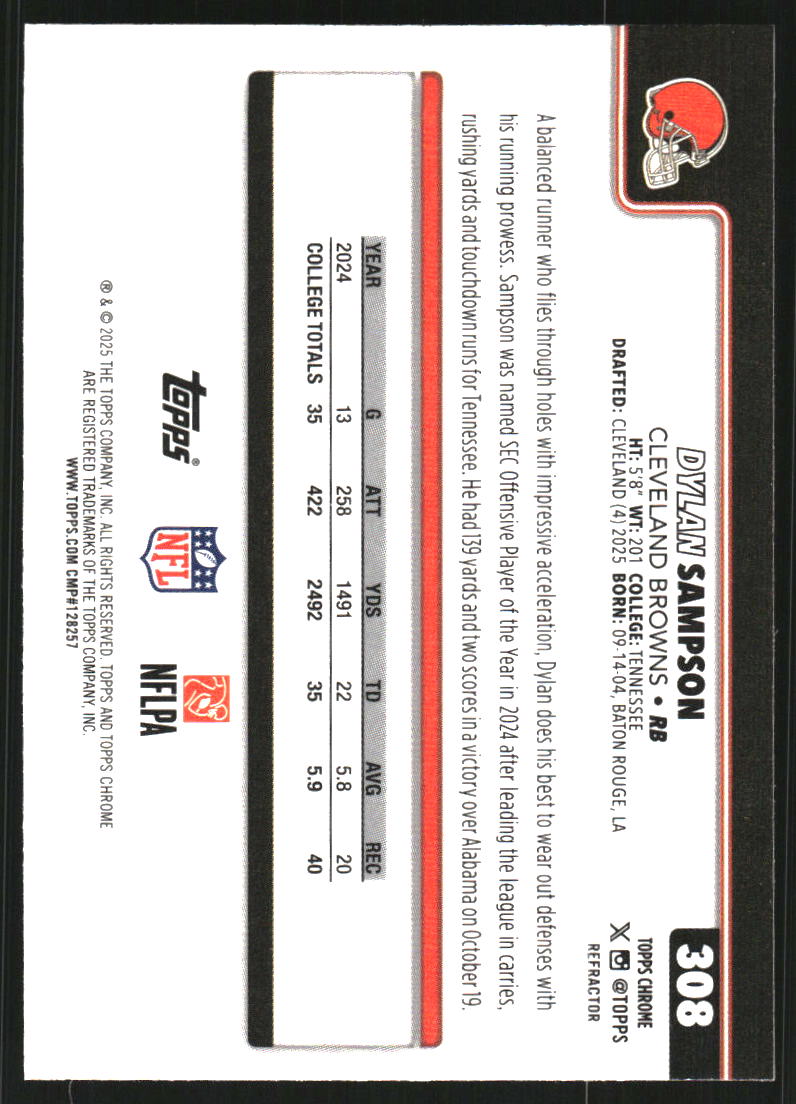 2025 Topps Chrome Refractors #308 Dylan Sampson