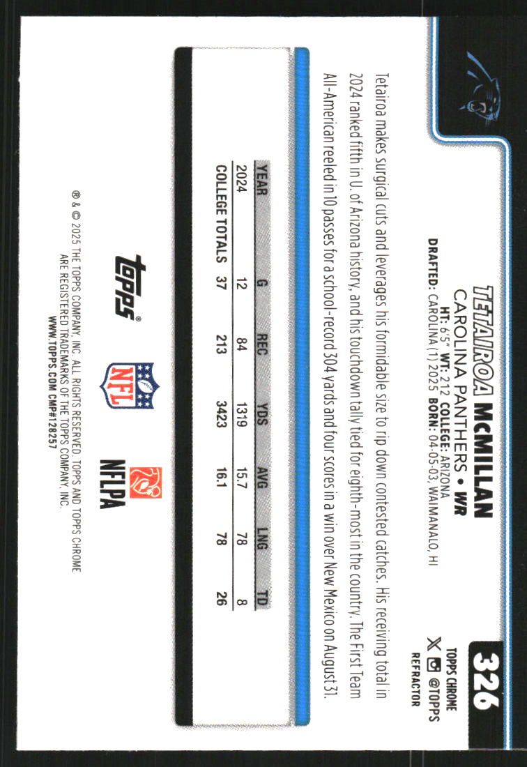 2025 Topps Chrome Refractors #326 Tetairoa McMillan