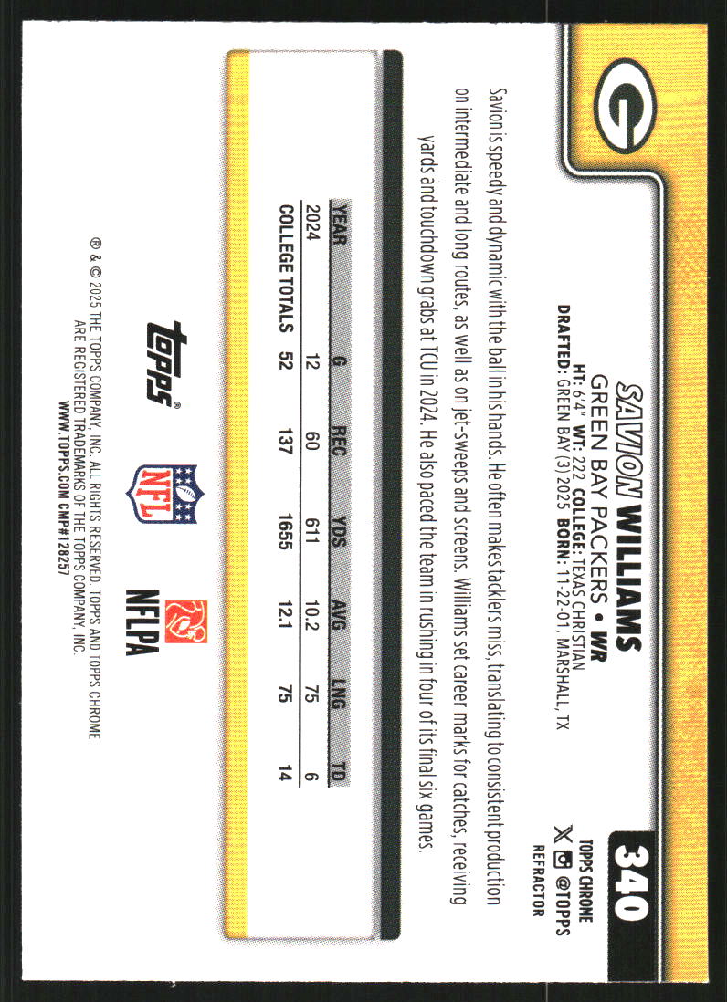 2025 Topps Chrome Refractors #340 Savion Williams