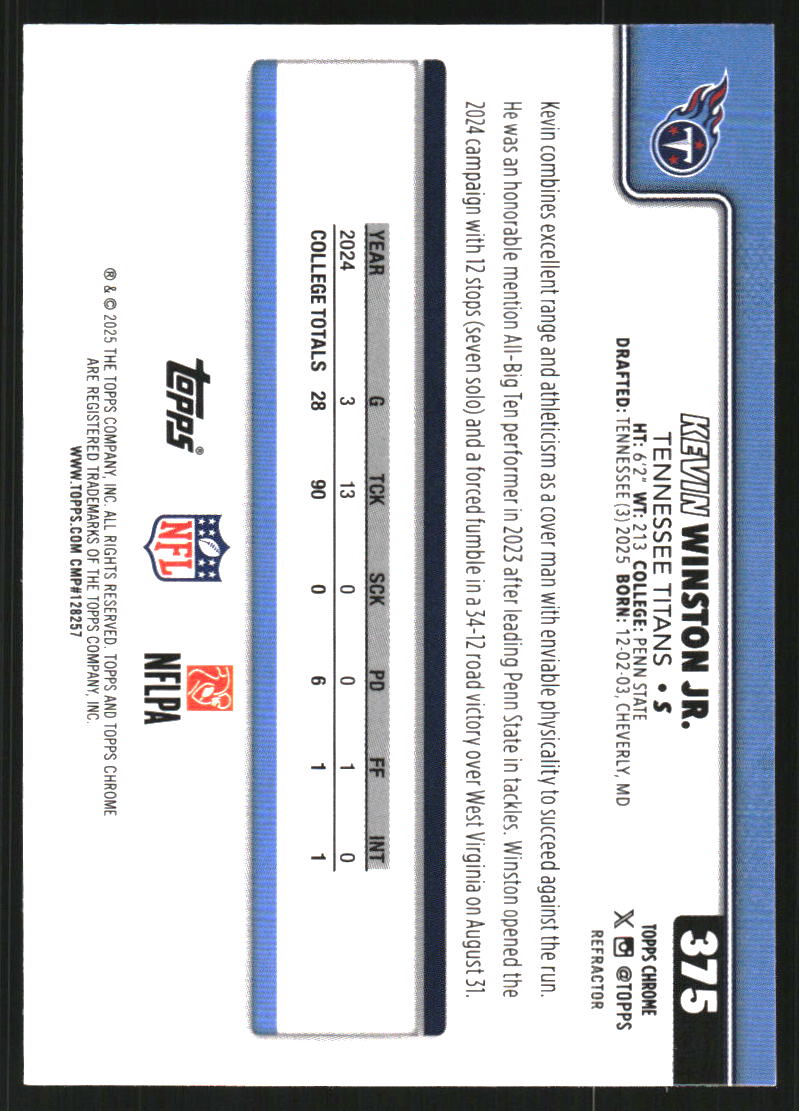 2025 Topps Chrome Refractors #375 Kevin Winston Jr.