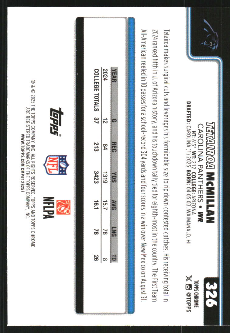 2025 Topps Chrome Pulsar Refractors #326 Tetairoa McMillan