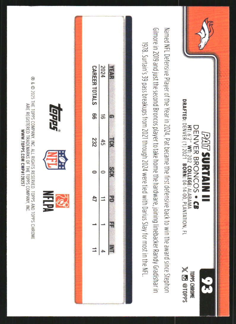 2025 Topps Chrome Red White and Blue Refractors #93 Pat Surtain II
