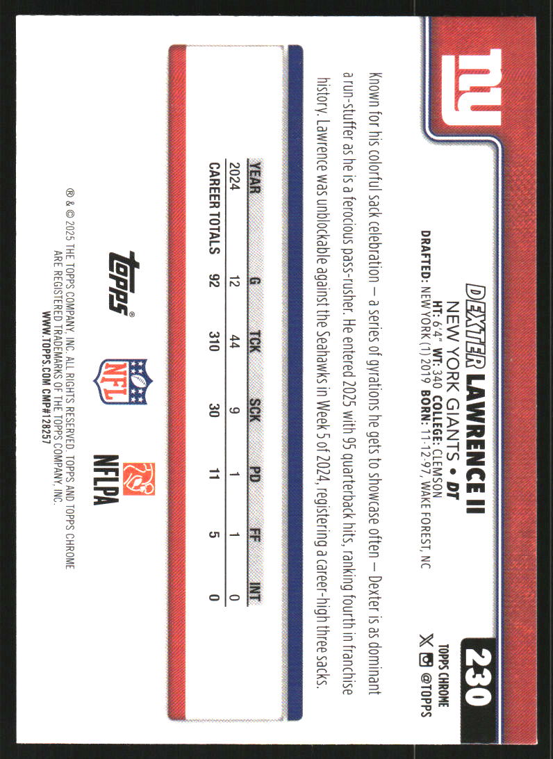 2025 Topps Chrome Red White and Blue Refractors #230 Dexter Lawrence II