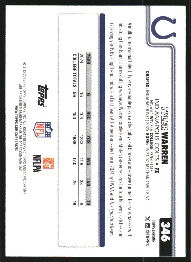 2025 Topps Chrome Red White and Blue Refractors #346 Tyler Warren