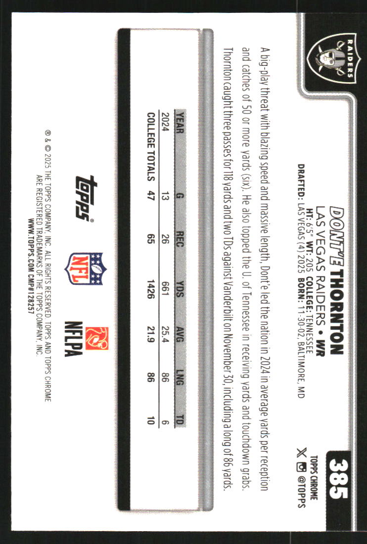 2025 Topps Chrome Red White and Blue Refractors #385 Dont'e Thornton Jr.