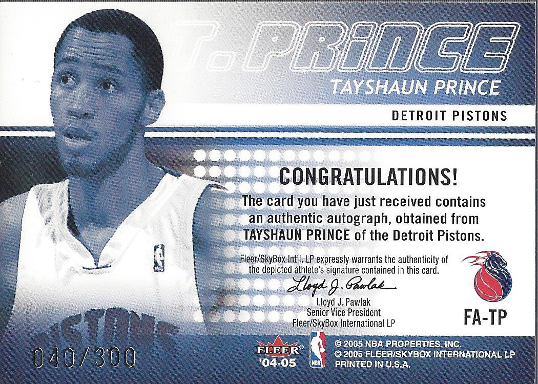 2005 Fleer Authentic Player Autographs #TP Tayshaun Prince/50 back image
