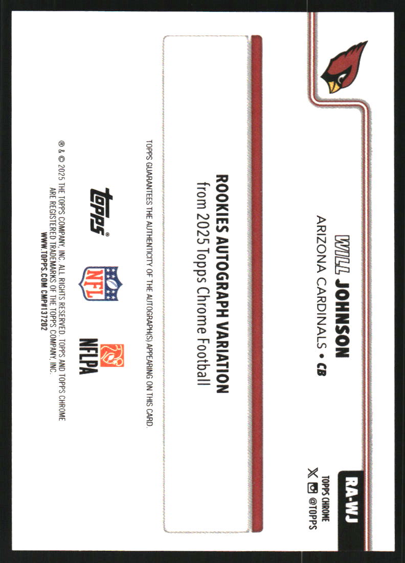 2025 Topps Chrome Rookie Autographs #RAWJ Will Johnson Auto