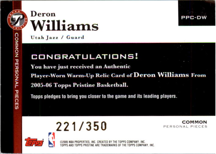 2005-06 Topps Pristine Personal Pieces #CDW Deron Williams Warm C back image