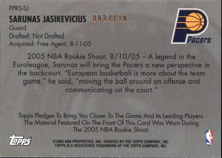 2005-06 Topps Big Game Picture Perfect Relics #SJ2 Sarunas Jasikevicius Shorts back image