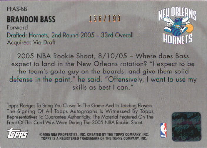 2005-06 Topps Big Game Picture Perfect Relics Autographs #BB2 Brandon Bass Shorts back image