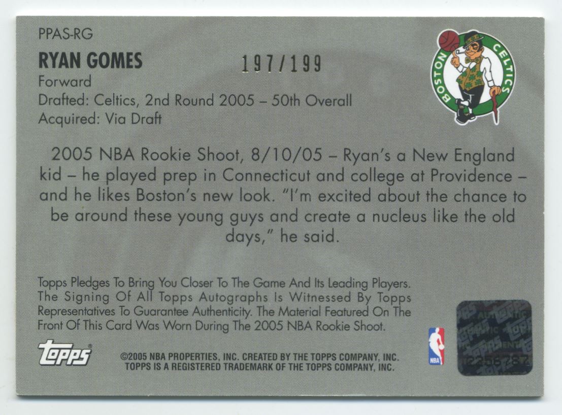 2005-06 Topps Big Game Picture Perfect Relics Autographs #RG2 Ryan Gomes Shorts back image