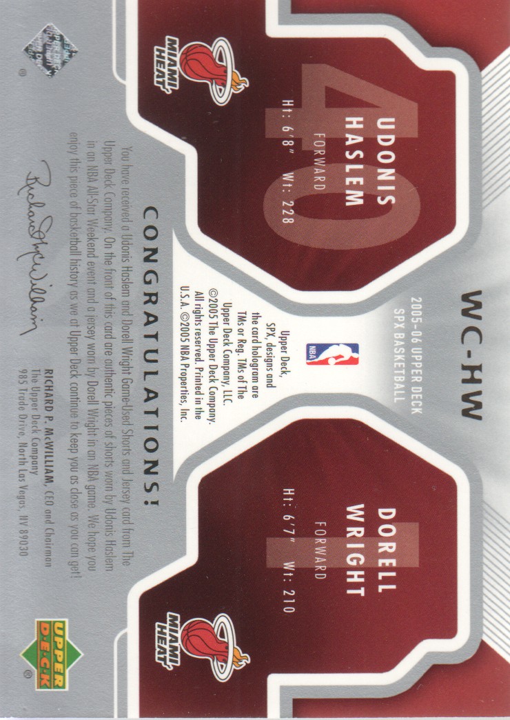 2005-06 SPx Winning Materials Combos #HW Udonis Haslem/Dorell Wright back image