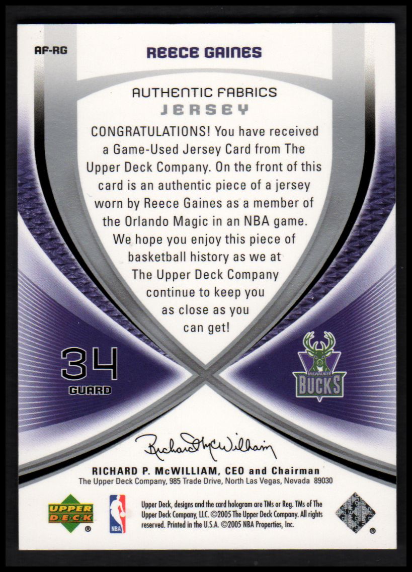 2005-06 SP Game Used Authentic Fabrics #RG Reece Gaines back image