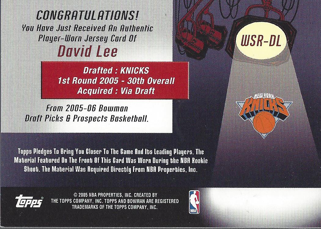 2005-06 Bowman Welcome to the Show Relics #DL David Lee back image