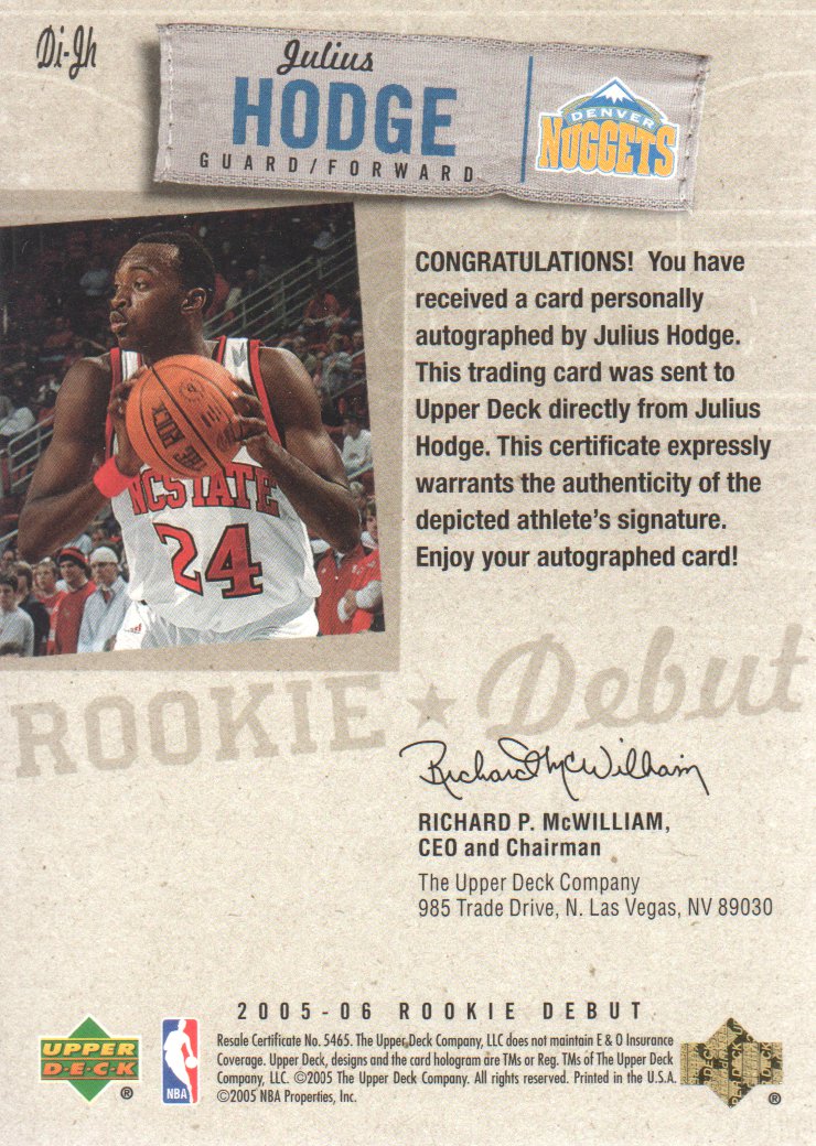 2005-06 Upper Deck Rookie Debut Ink #JH Julius Hodge back image