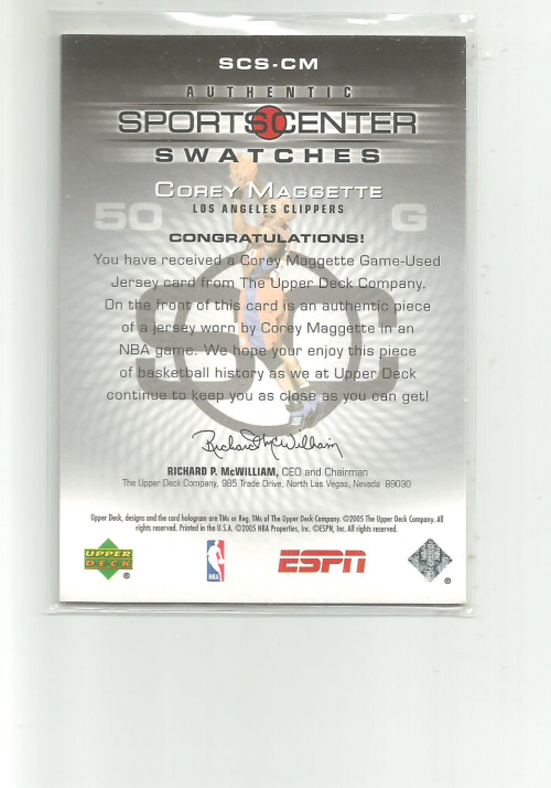 2005-06 Upper Deck ESPN Sports Center Swatches #CM Corey Maggette back image