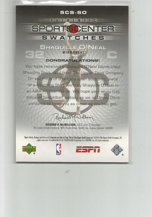2005-06 Upper Deck ESPN Sports Center Swatches #SO Shaquille O'Neal back image