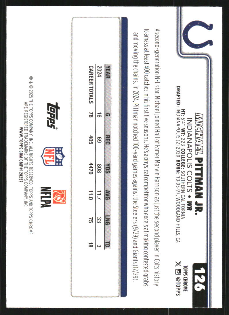 2025 Topps Chrome Pink Wave Refractors #126 Michael Pittman Jr. /250
