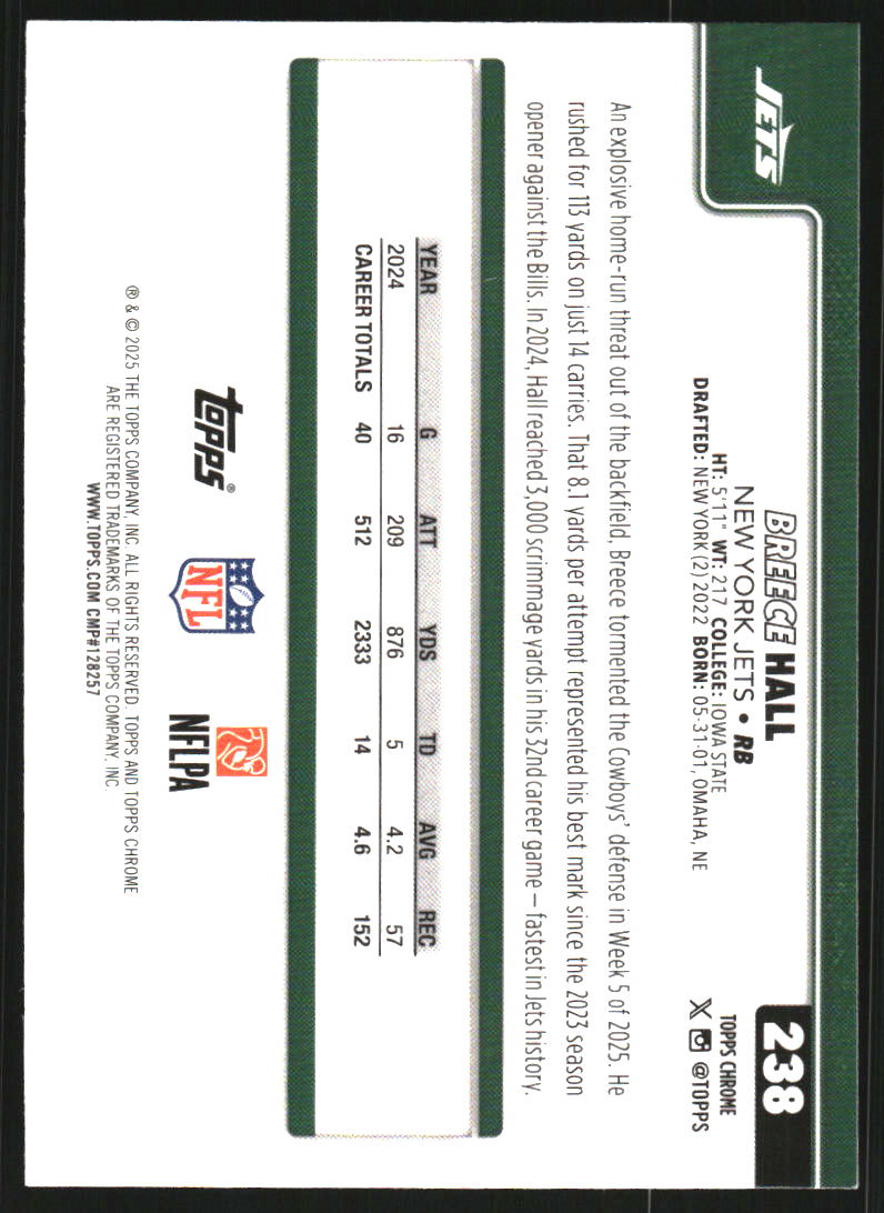 2025 Topps Chrome Pink Wave Refractors #238 Breece Hall /250