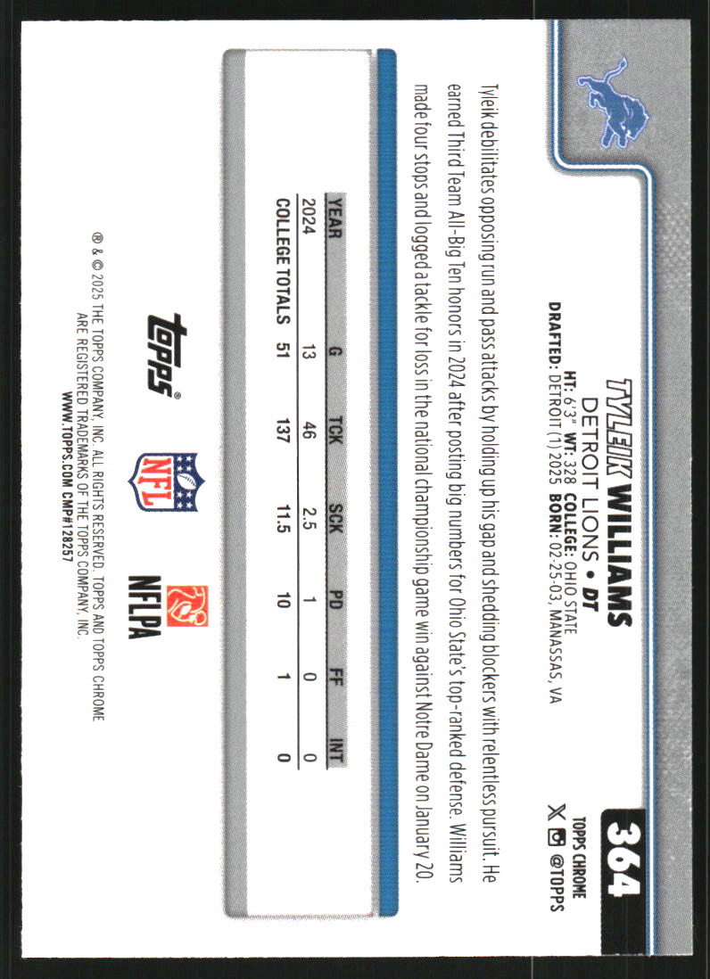 2025 Topps Chrome Pink Wave Refractors #364 Tyleik Williams /250