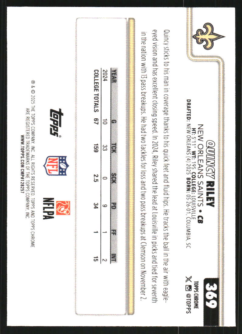 2025 Topps Chrome Pink Wave Refractors #369 Quincy Riley /250