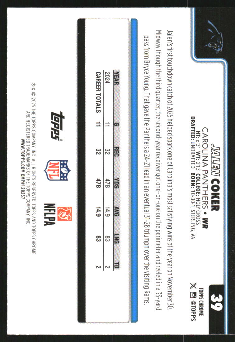 2025 Topps Chrome Aqua Wave Refractors #39 Jalen Coker /199