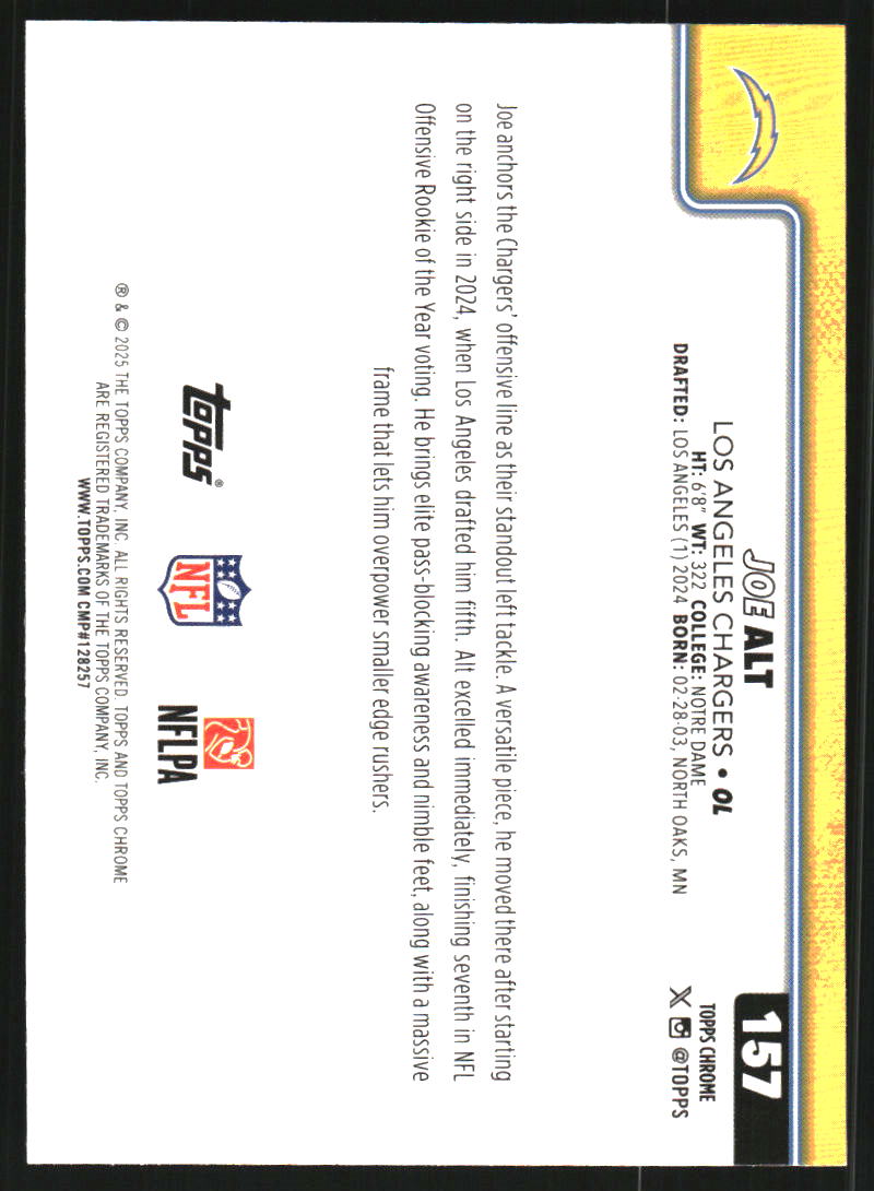 2025 Topps Chrome Football Leather Purple Refractors #157 Joe Alt /75