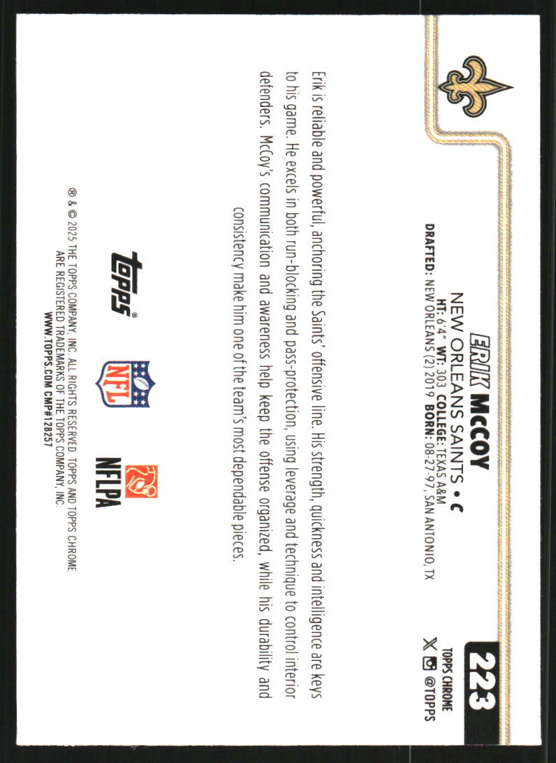 2025 Topps Chrome Football Leather Purple Refractors #223 Erik McCoy /75