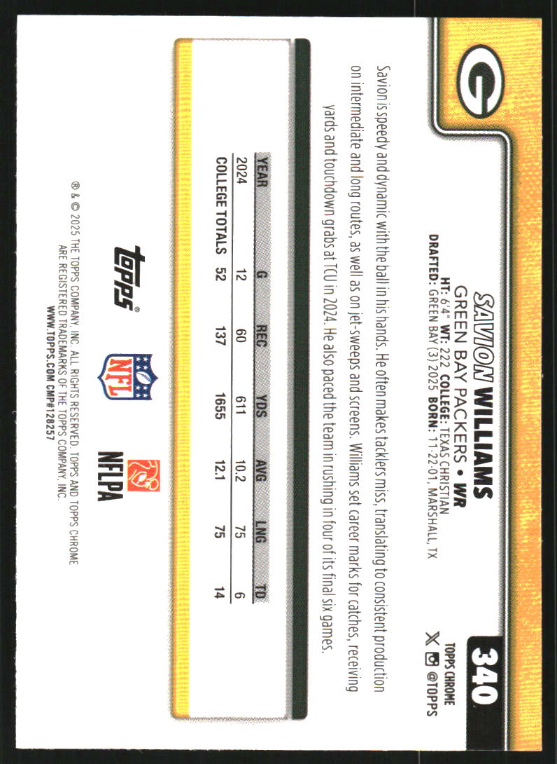 2025 Topps Chrome Ray Wave Refractors #340 Savion Williams
