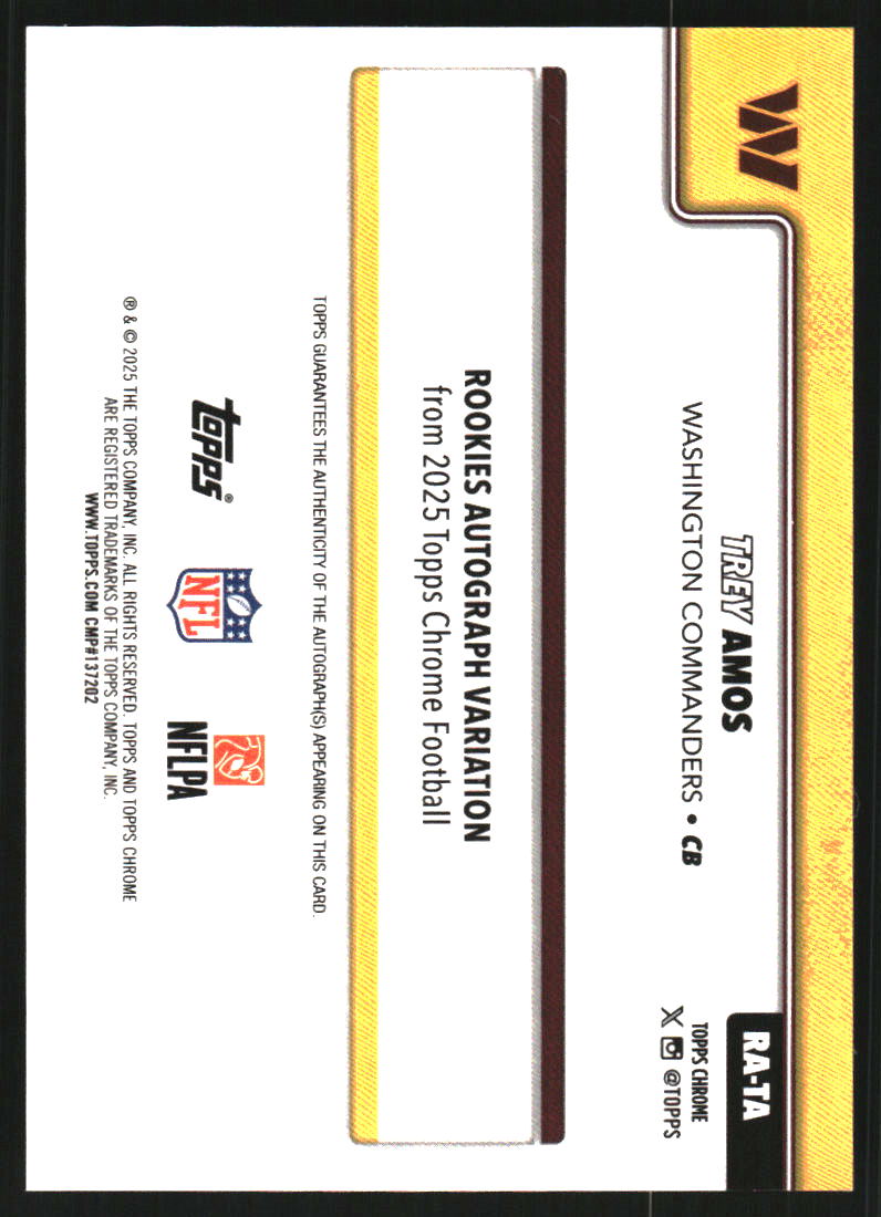 2025 Topps Chrome Rookie Autographs Pink Lava Refractors #RATA Trey Amos Auto /250