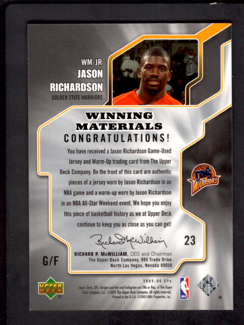 2005-06 SPx Winning Materials #JR Jason Richardson back image