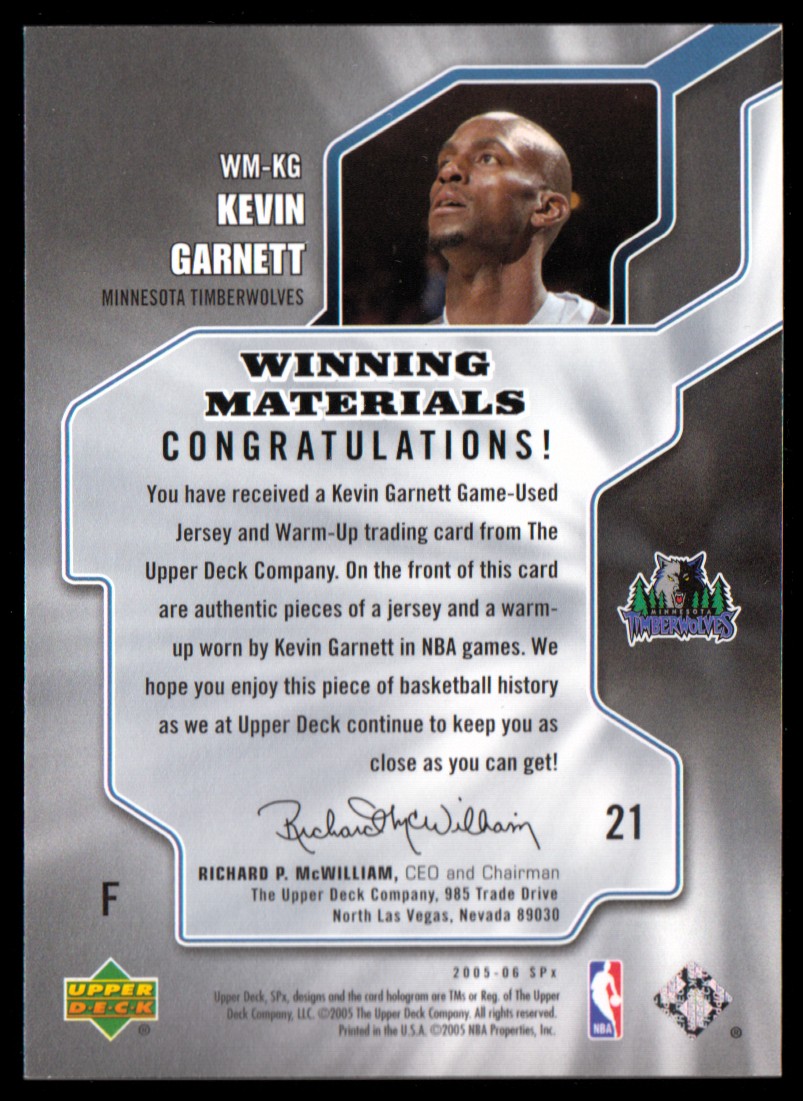 2005-06 SPx Winning Materials #KG Kevin Garnett back image