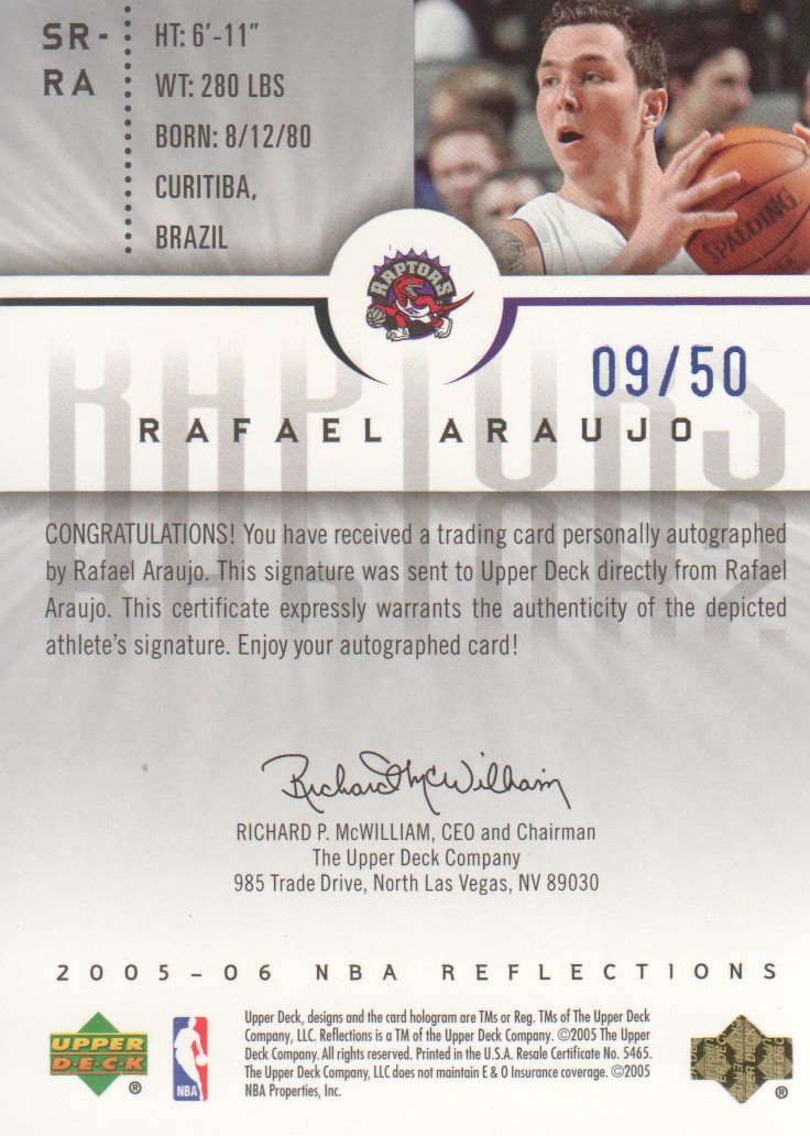 2005-06 Reflections Signatures Blue #RA Rafael Araujo/50 back image