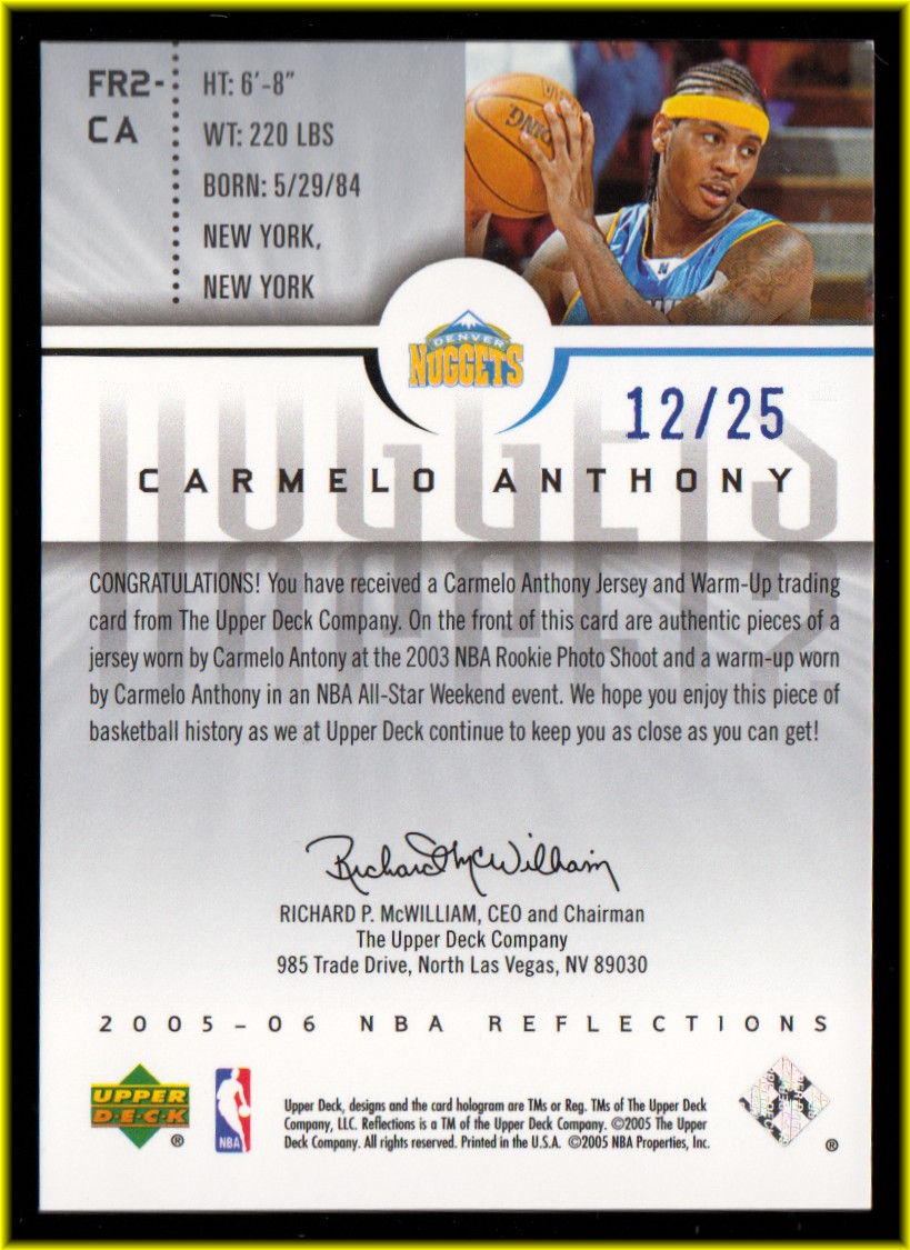 2005-06 Reflections Fabrics Dual Swatch Blue #CA Carmelo Anthony back image