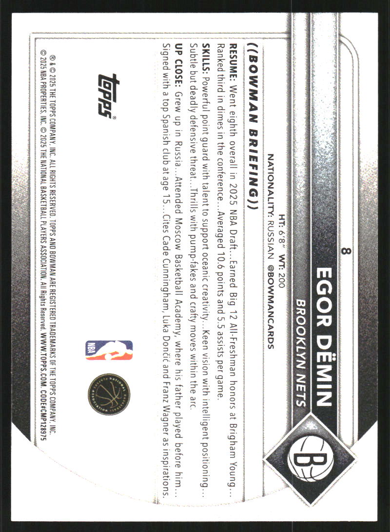 2025-26 Bowman #8 Egor Demin RC
