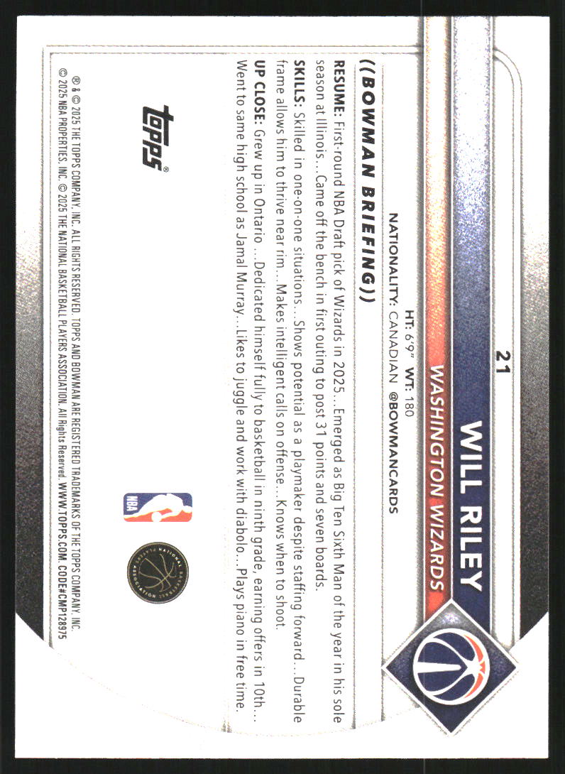 2025-26 Bowman #21 Will Riley RC