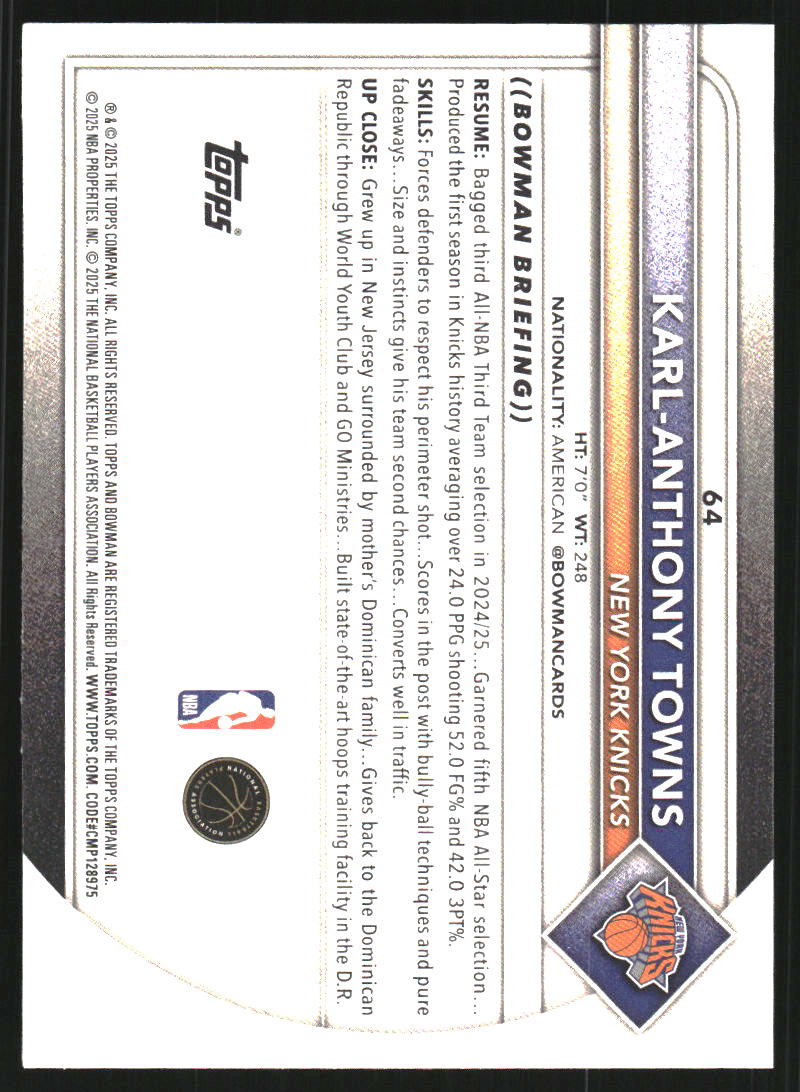 2025-26 Bowman #64 Karl-Anthony Towns
