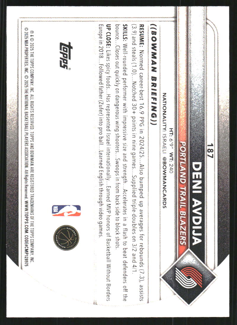 2025-26 Bowman #187 Deni Avdija