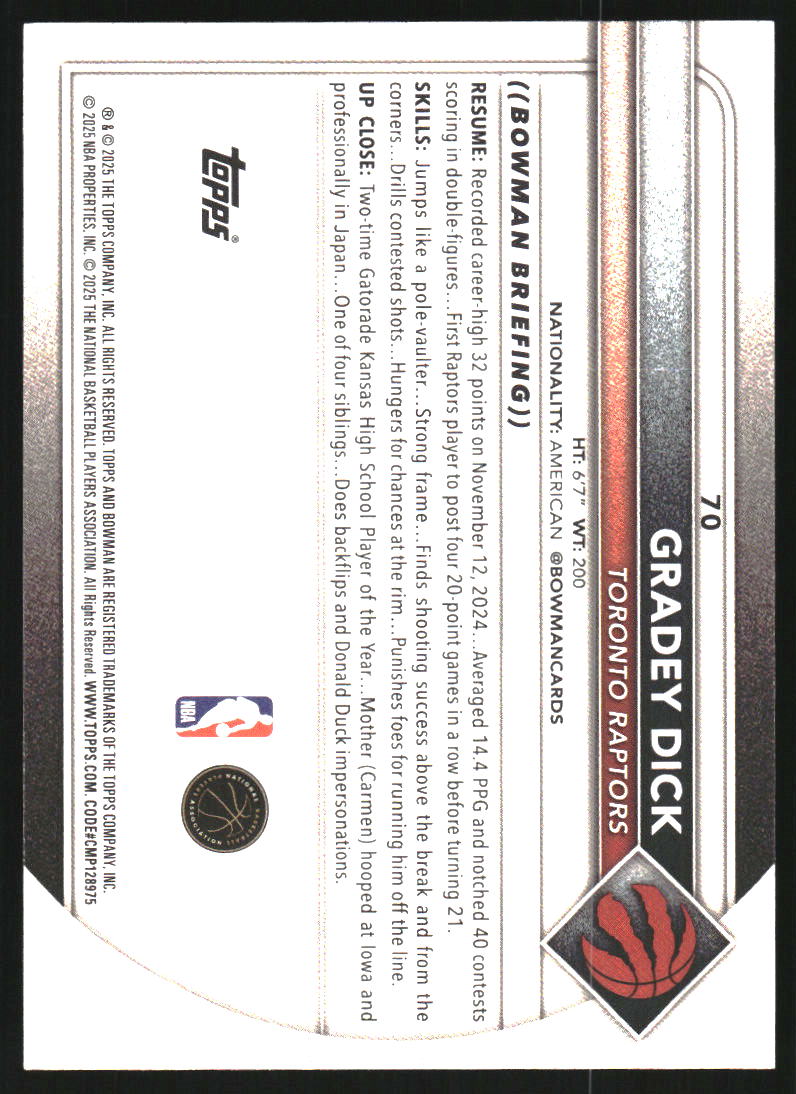 2025-26 Bowman Blue Border #70 Gradey Dick /150